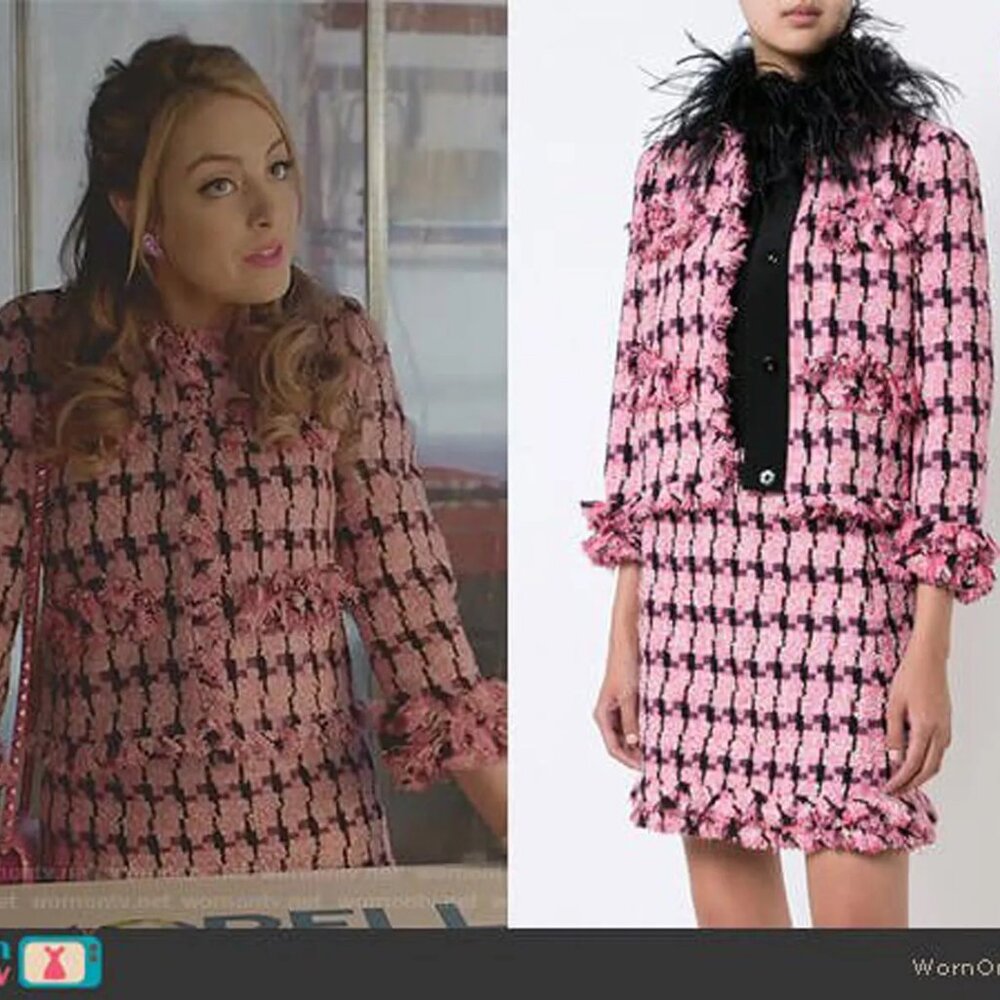 Moschino HOUNDTOOTH TWEED JACKET SKIRT SET PINK 4 6 8 Dynasty Fallon Carrington